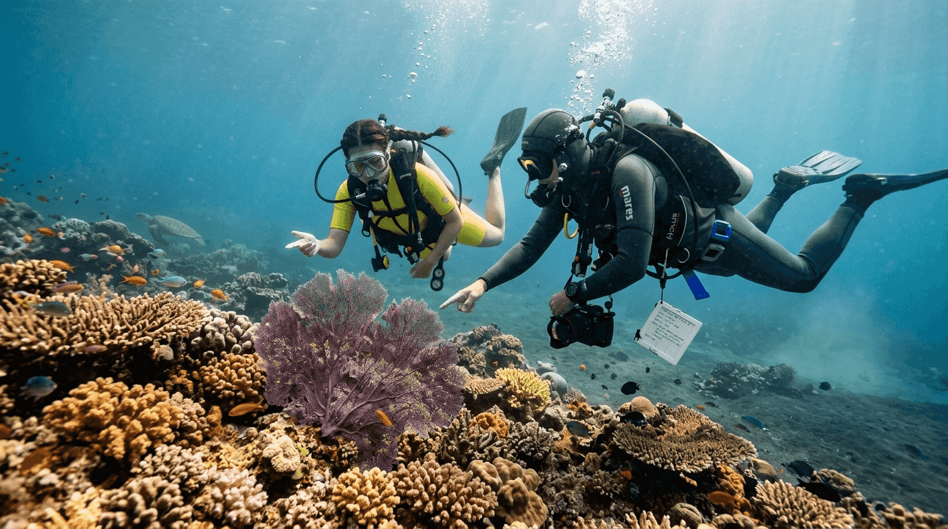 Beginner and advanced diver over Amed reef