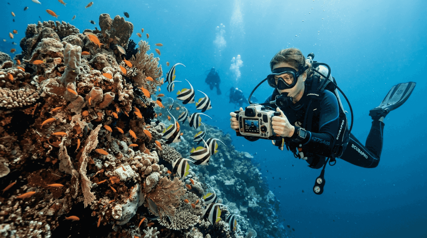 Diver at Bali reef photographing marine life