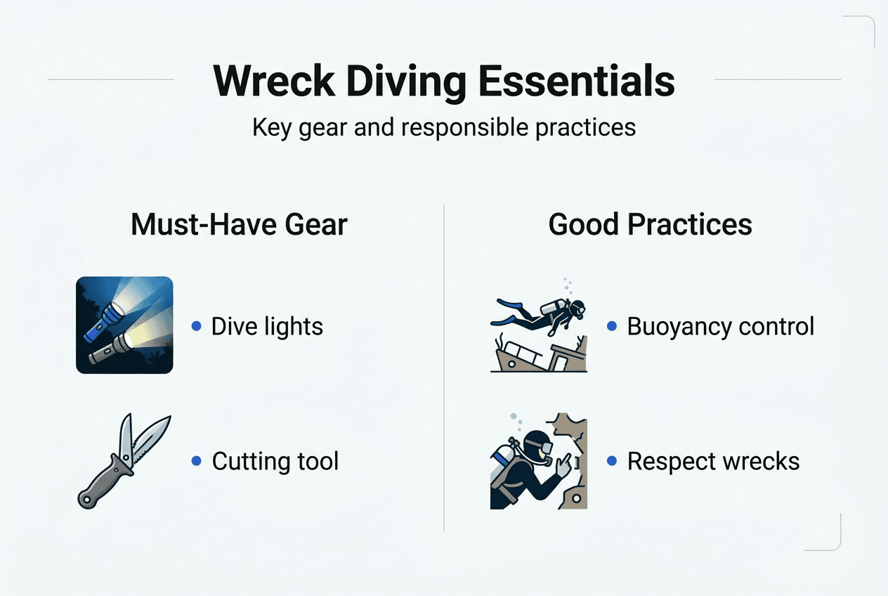 Infographic illustrating wreck diving gear and practices