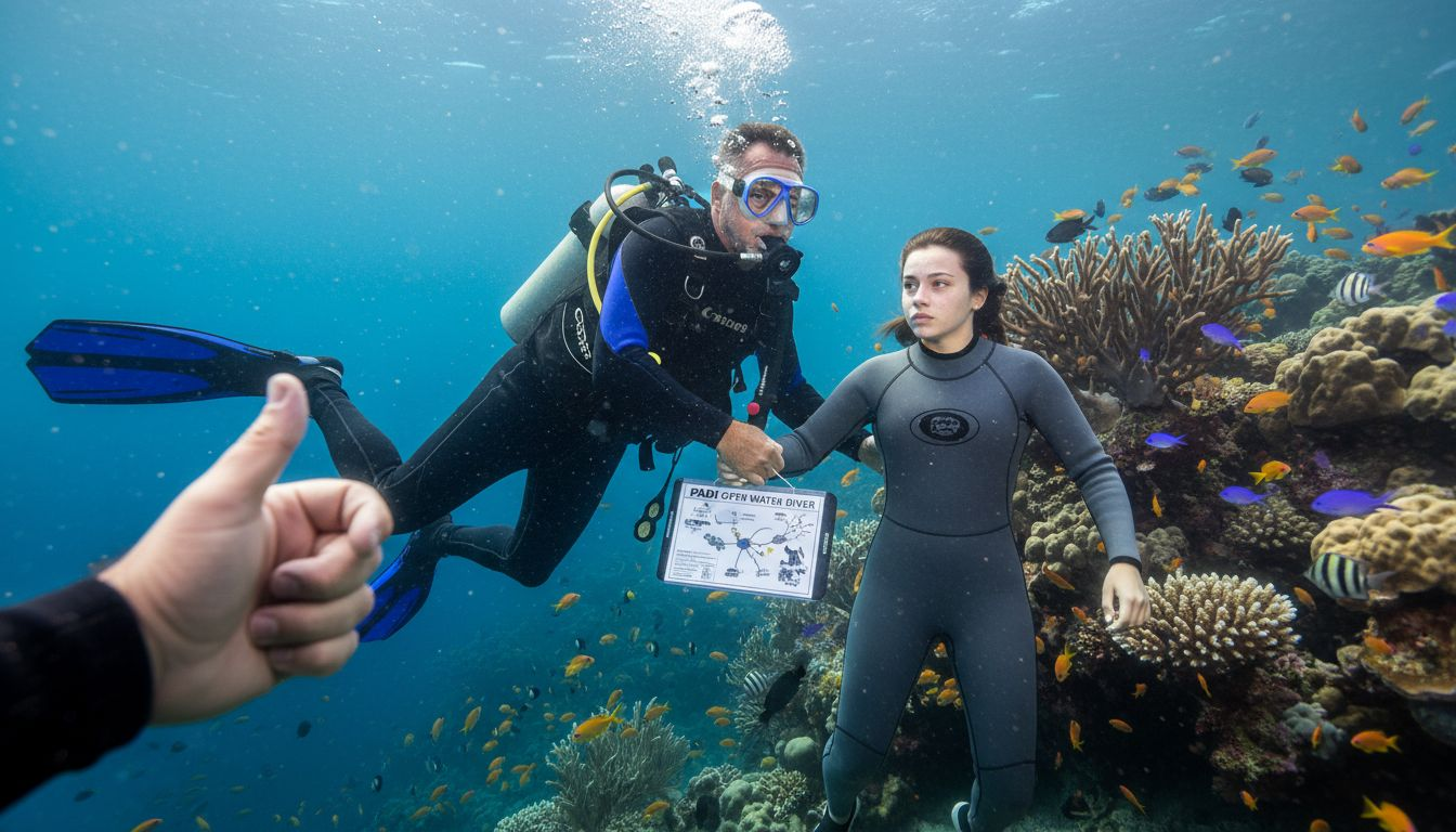 Instructor teaching novice diver underwater in Bali