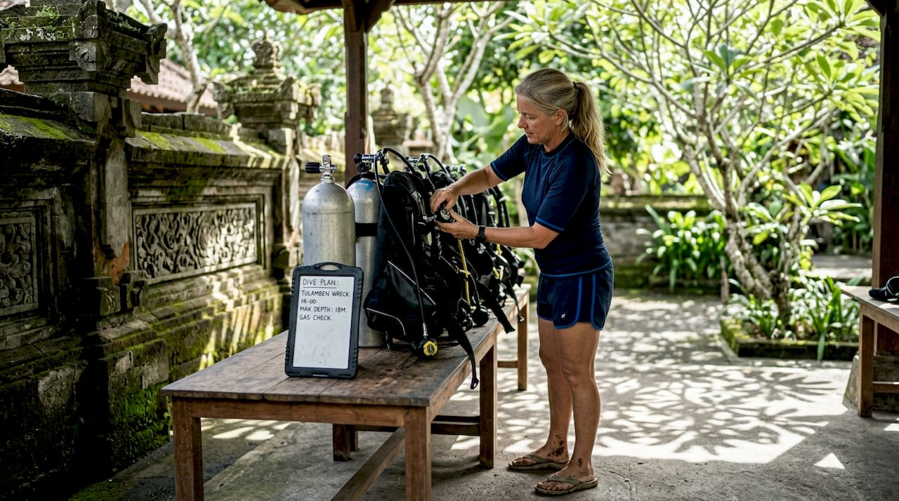 Instructor preparing scuba gear at Bali resort