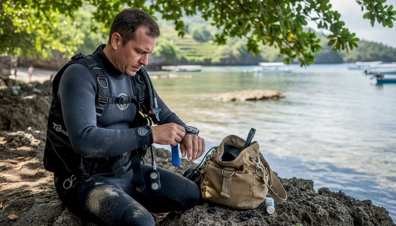Diver practices with scuba equipment outdoors