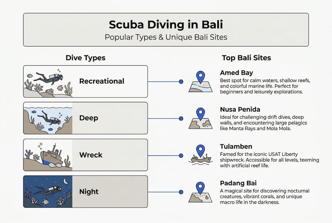 Infographic with Bali scuba diving types and sites
