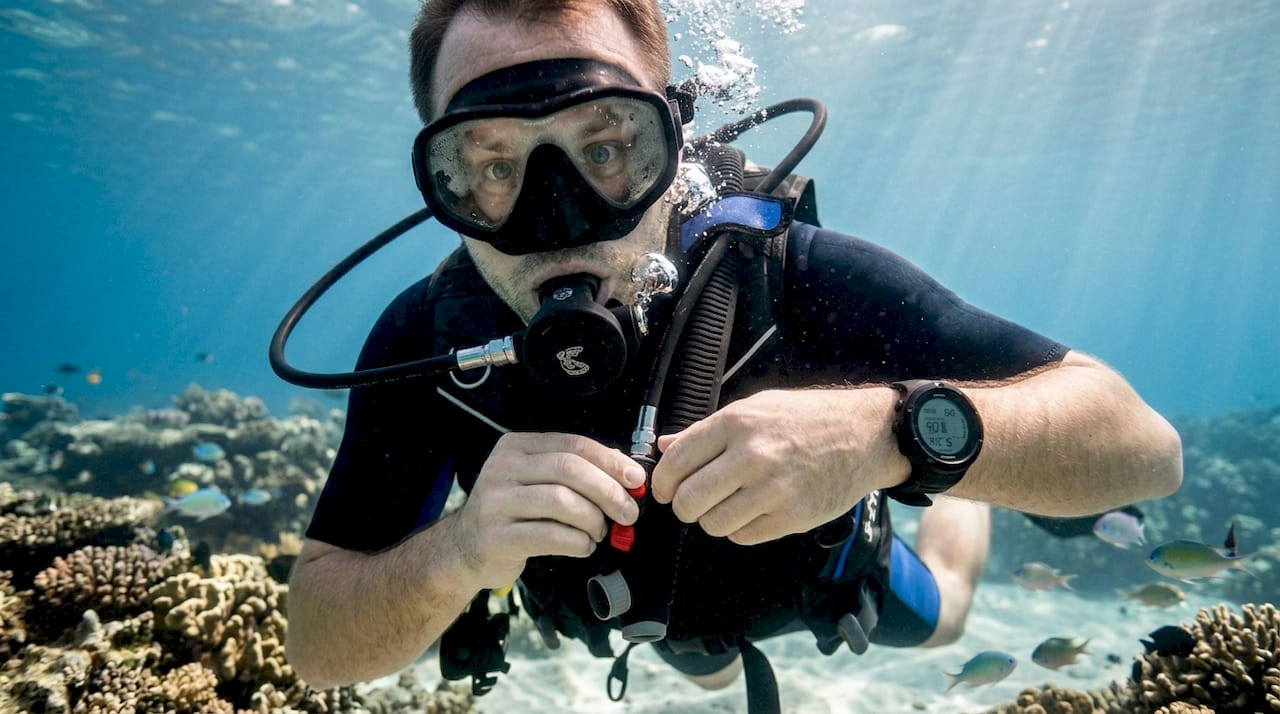 Beginner diver adjusting gear over coral reef