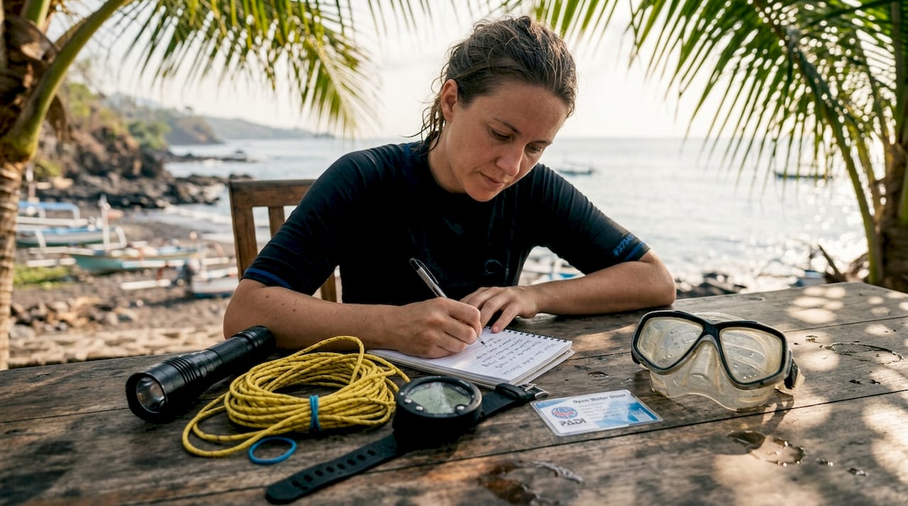 Diver checking wreck diving equipment outdoors