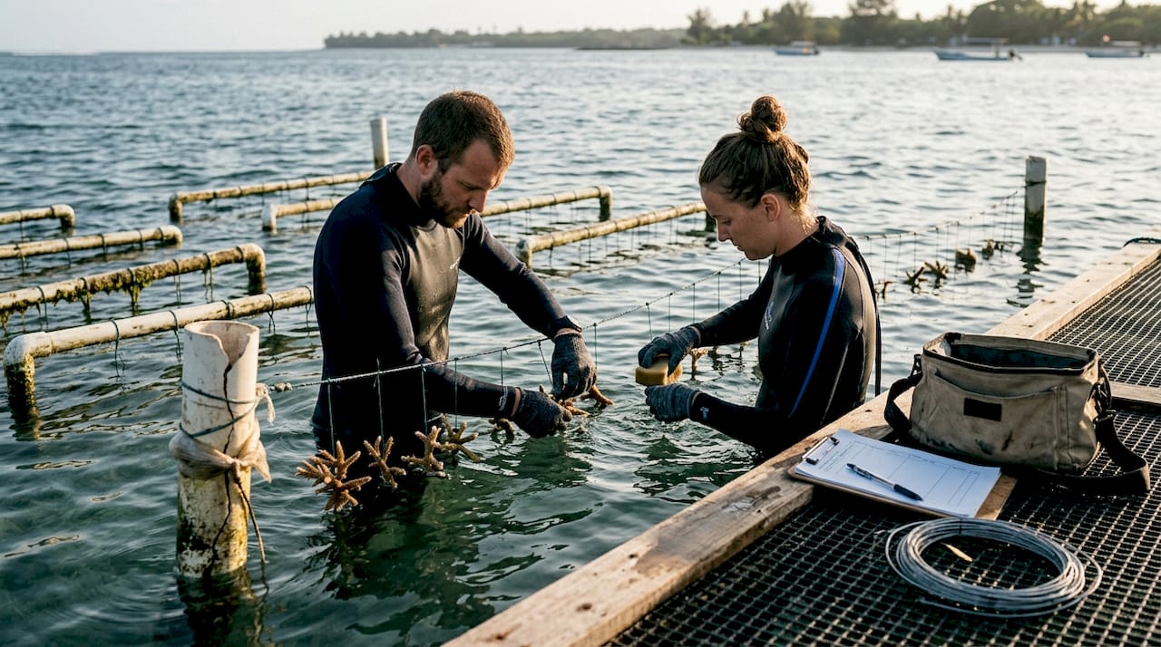 Volunteers tending Bali coral nursery frames