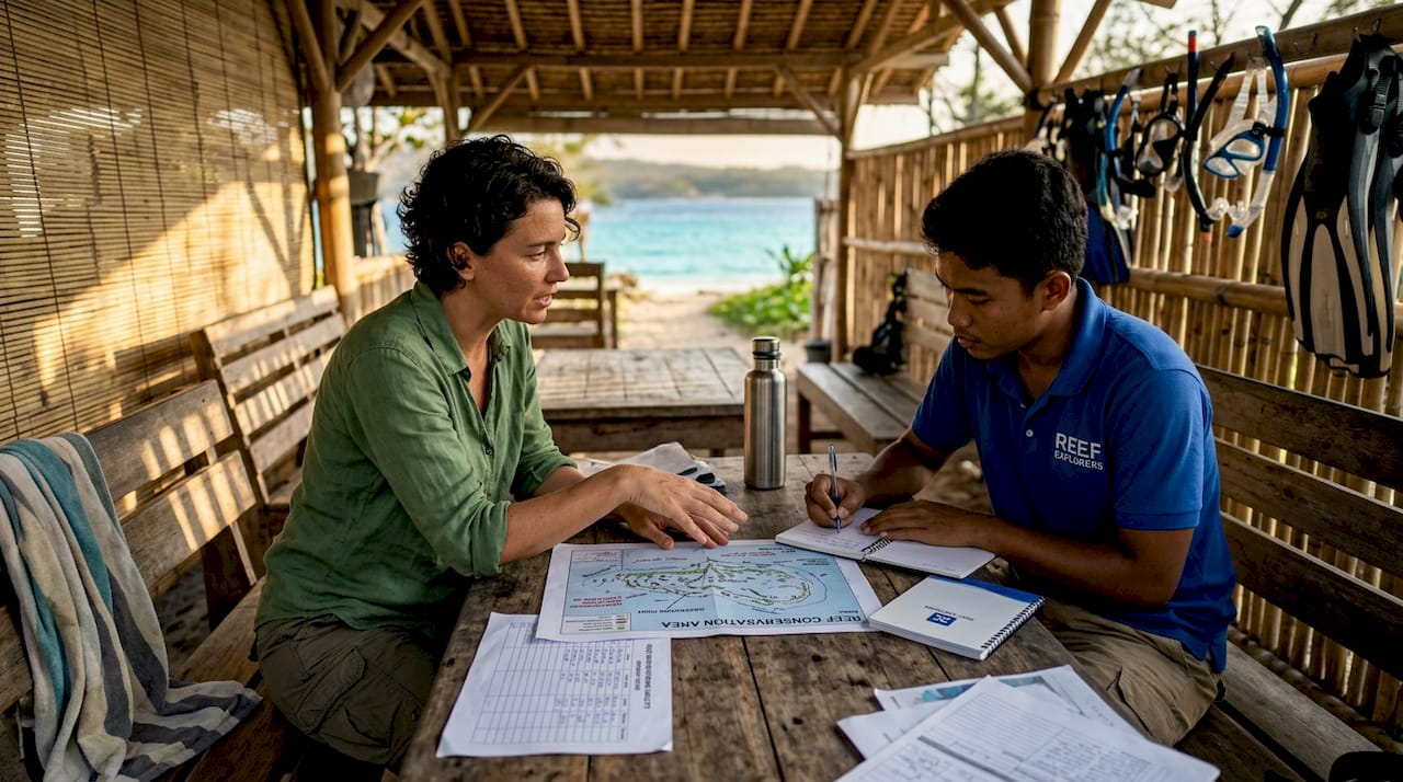 Biologist and dive guide discuss reef data outdoors