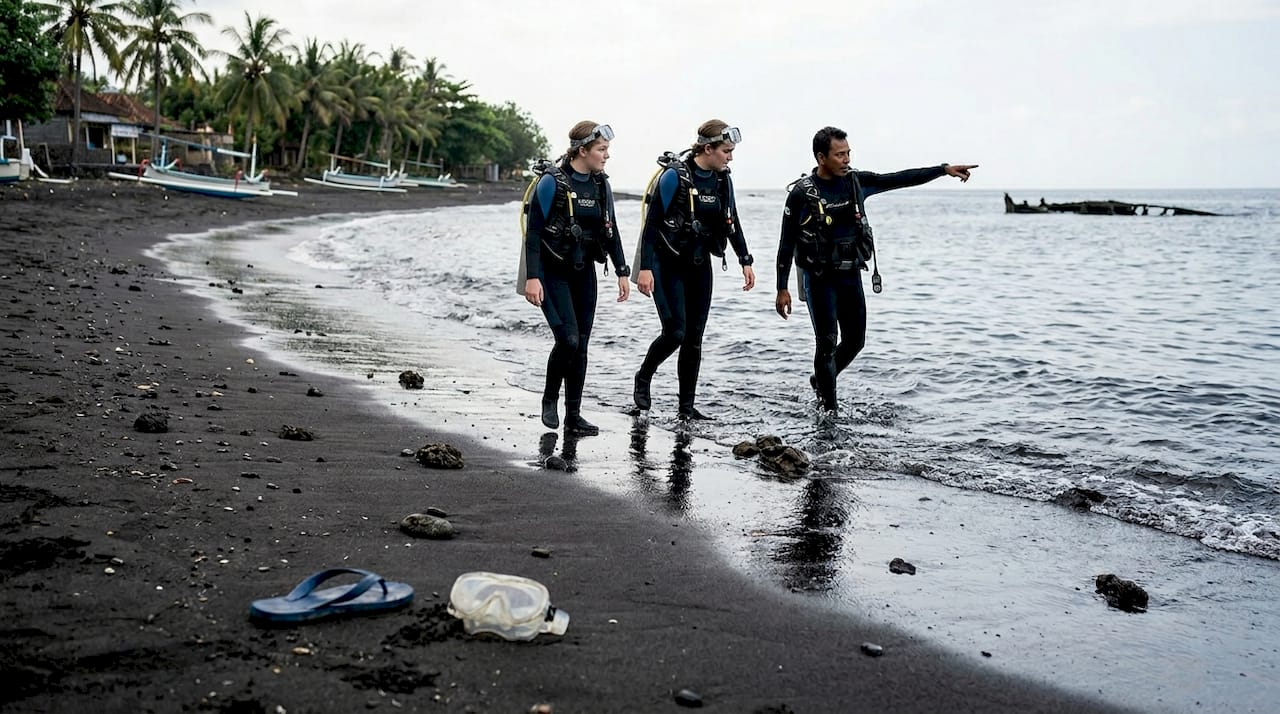 Novice divers entering water near Liberty Wreck