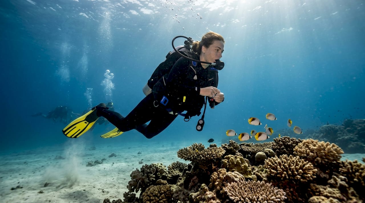 Diver maintains buoyancy above Bali coral