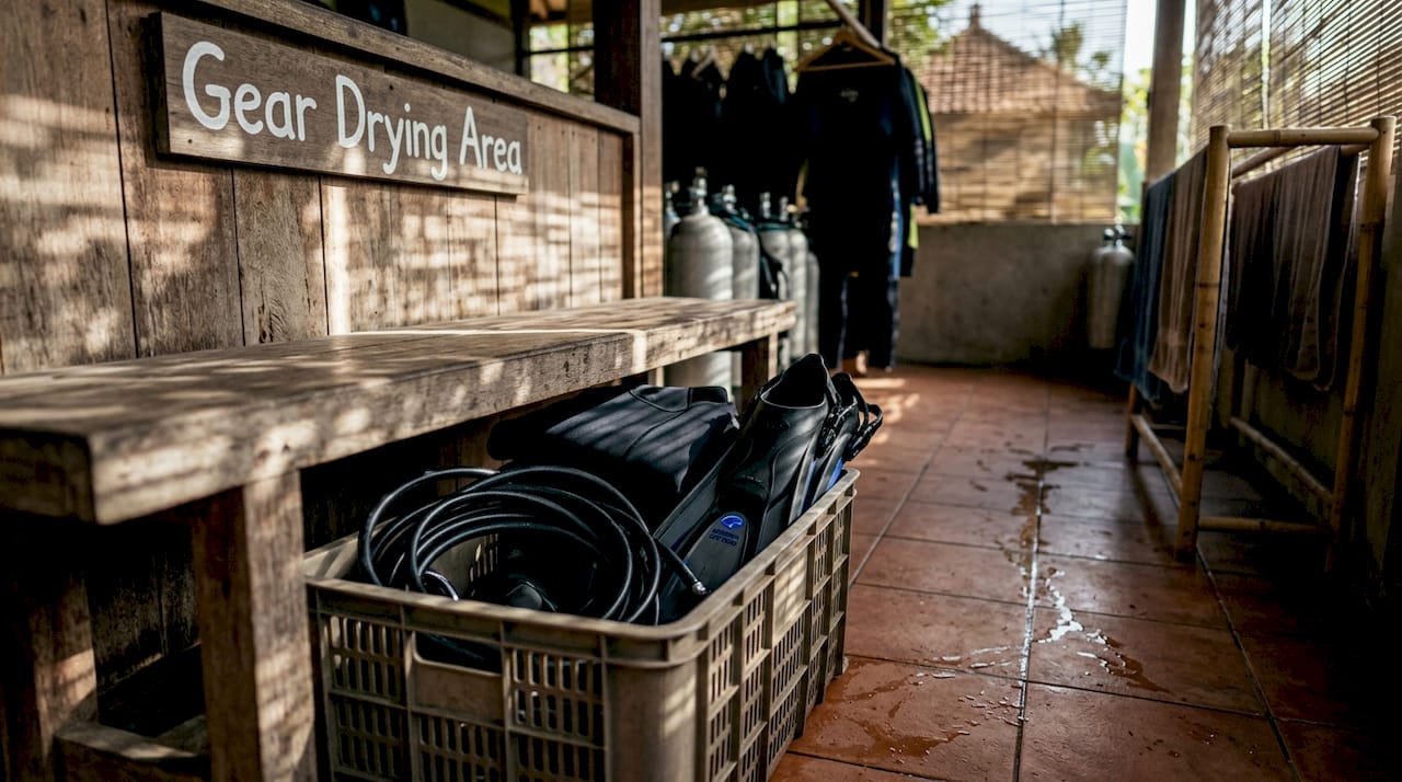 Scuba gear stored properly in shaded Bali area