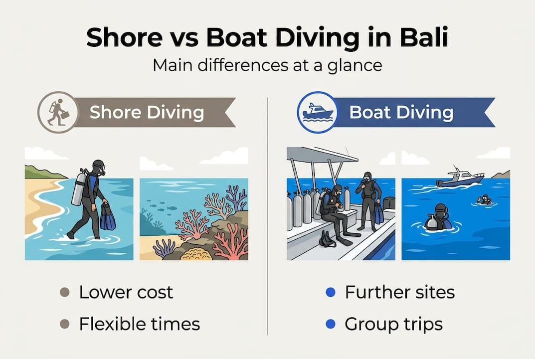 Infographic shore diving vs boat diving Bali