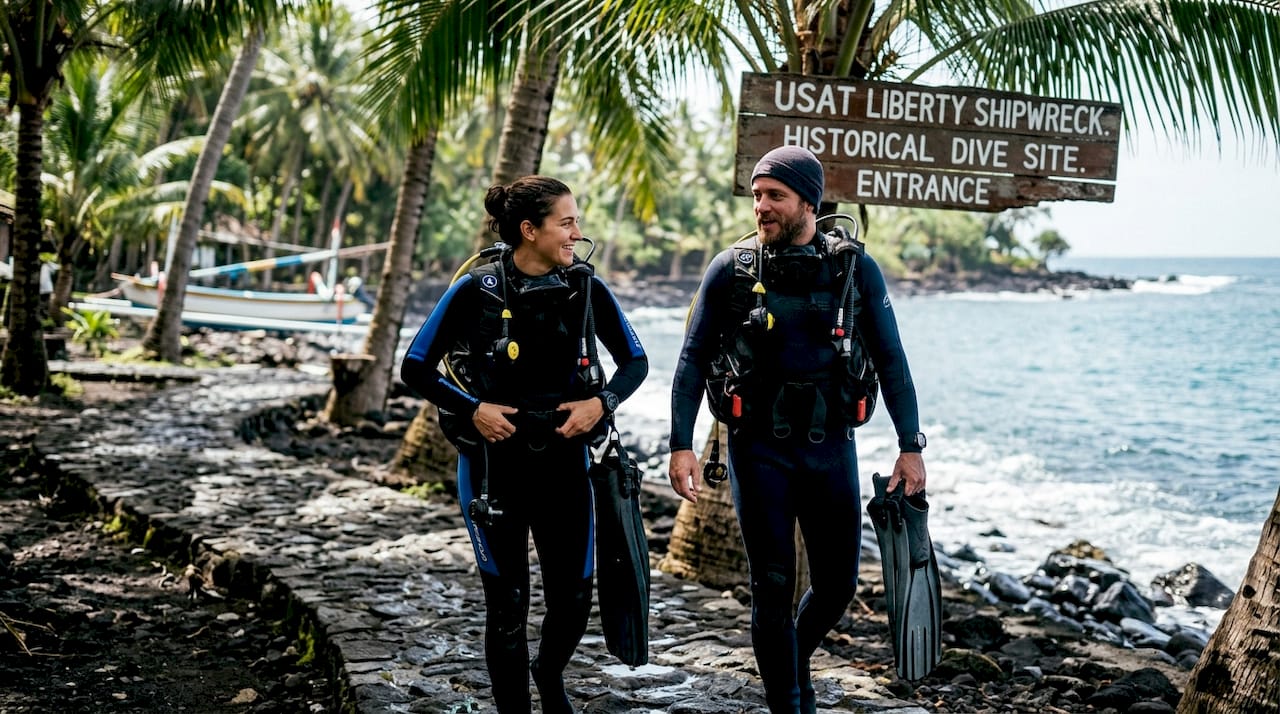 Divers walk to Liberty Wreck entry Bali