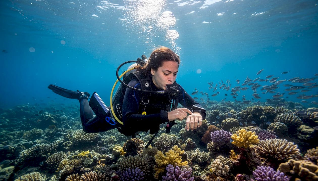 Diver checks computer above Bali coral reef