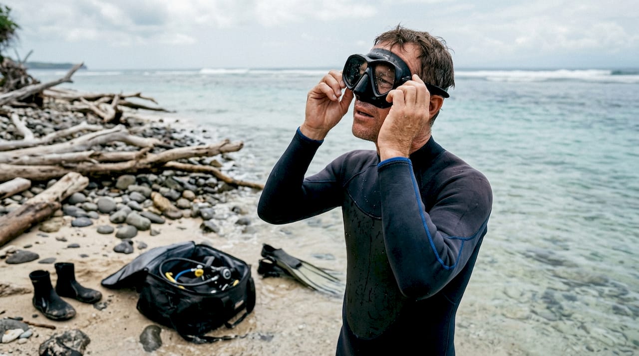 Diver checks mask fit before entry