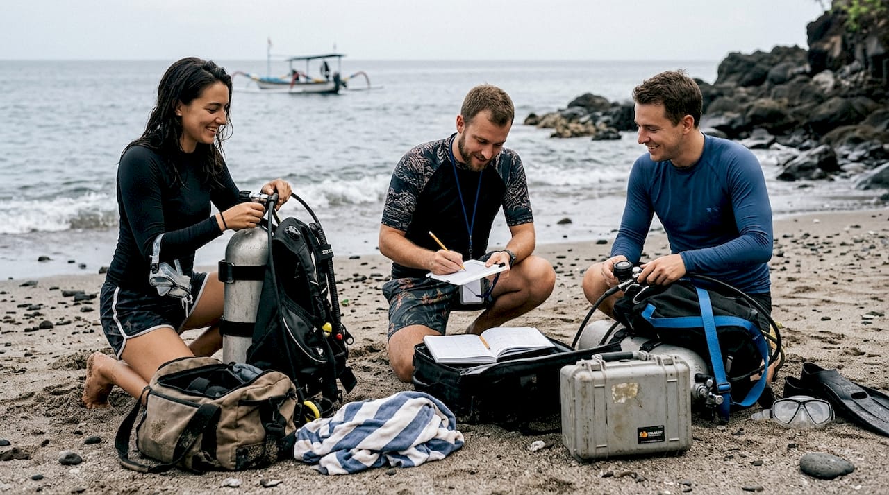 Divers prepare equipment for Bali specialty course