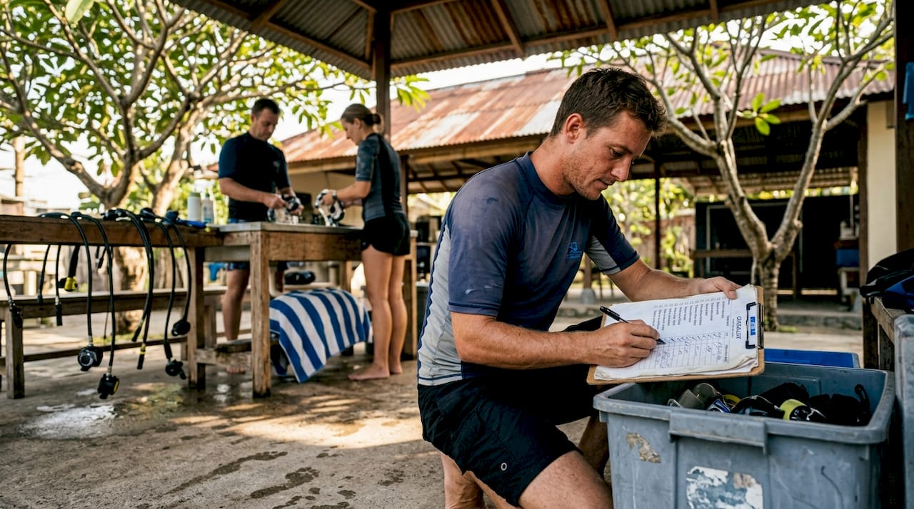 Dive guide checking equipment with group in shelter