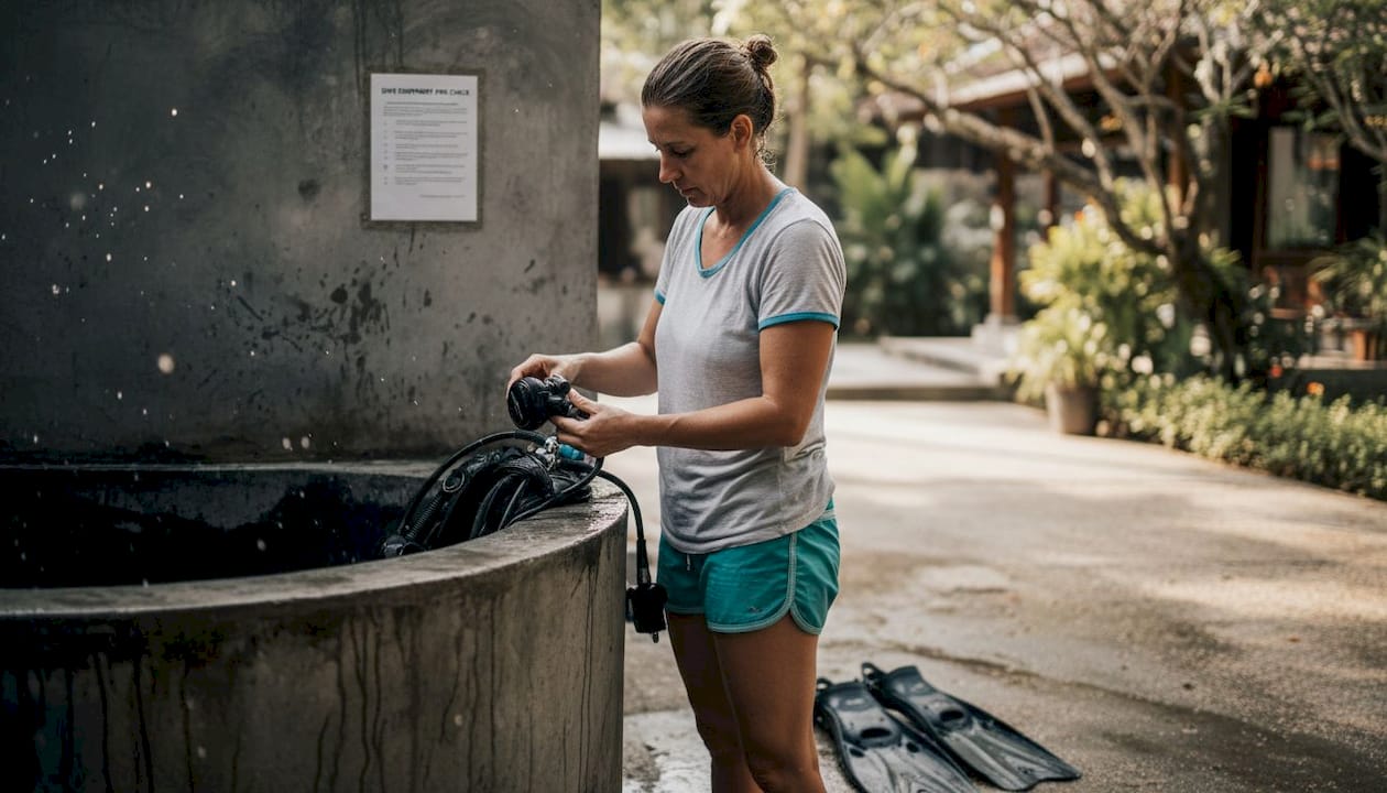 Diver inspecting regulator near rinse tank