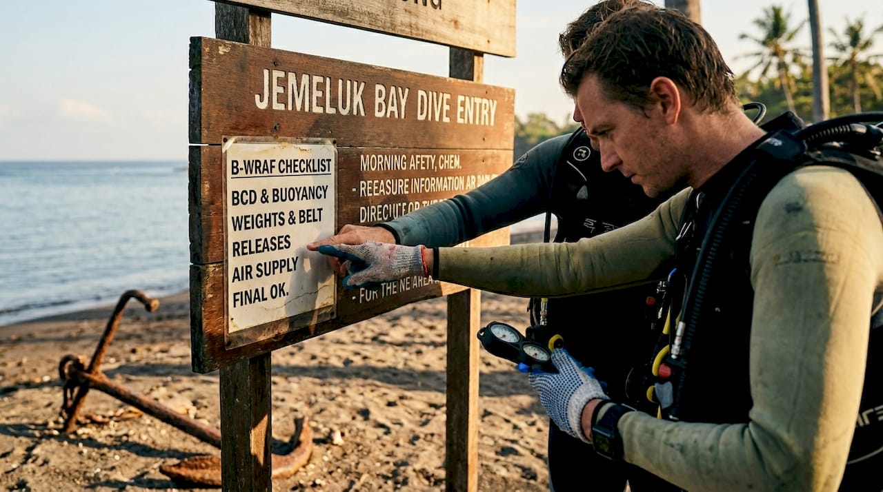 Divers review BWRAF checklist at Bali beach
