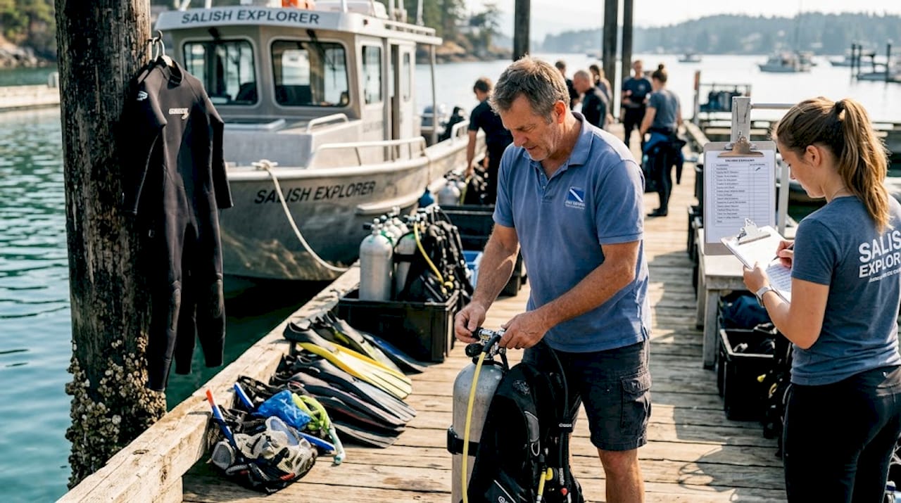 Crew prepping scuba gear on dock