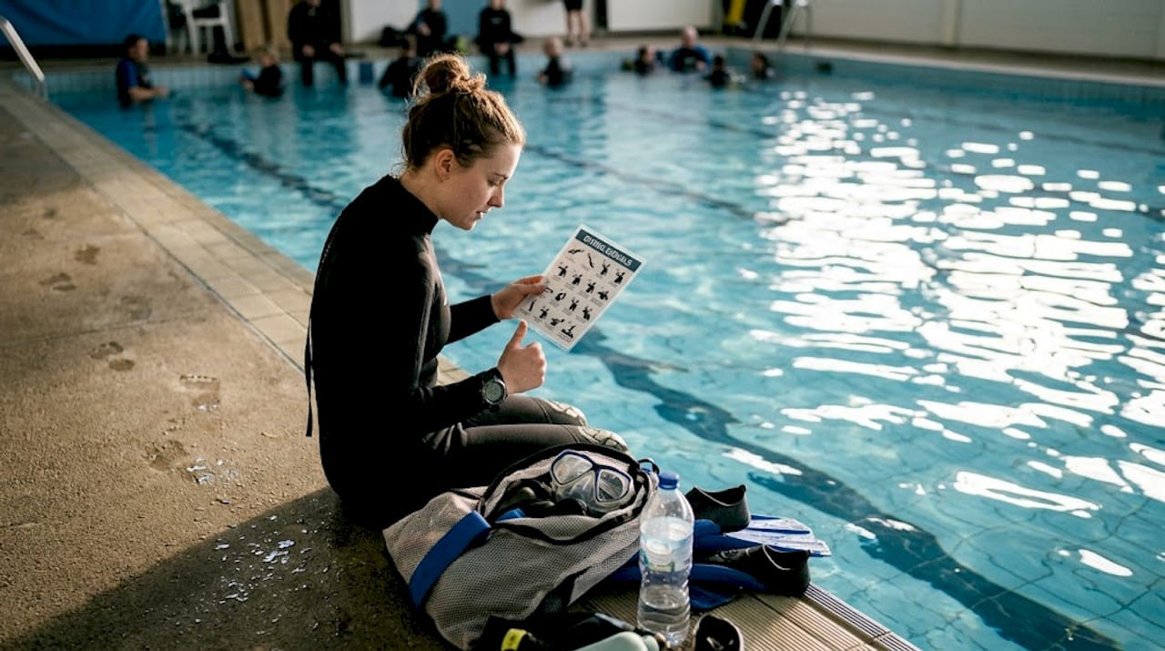 Diver practicing hand signals at poolside