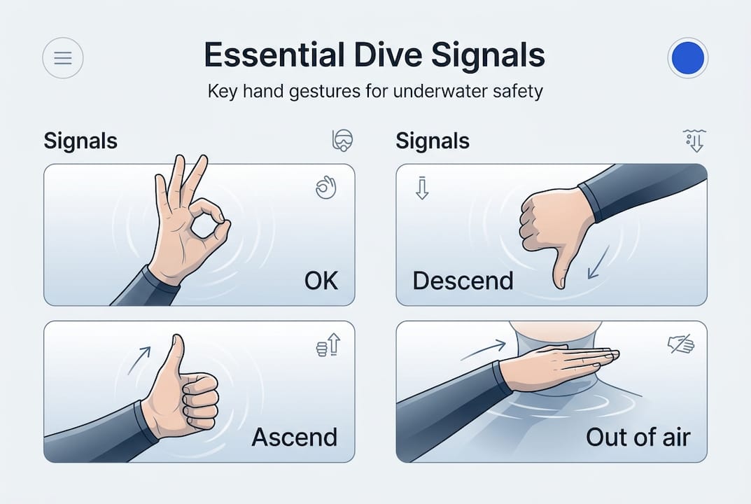 Infographic of four core scuba hand signals
