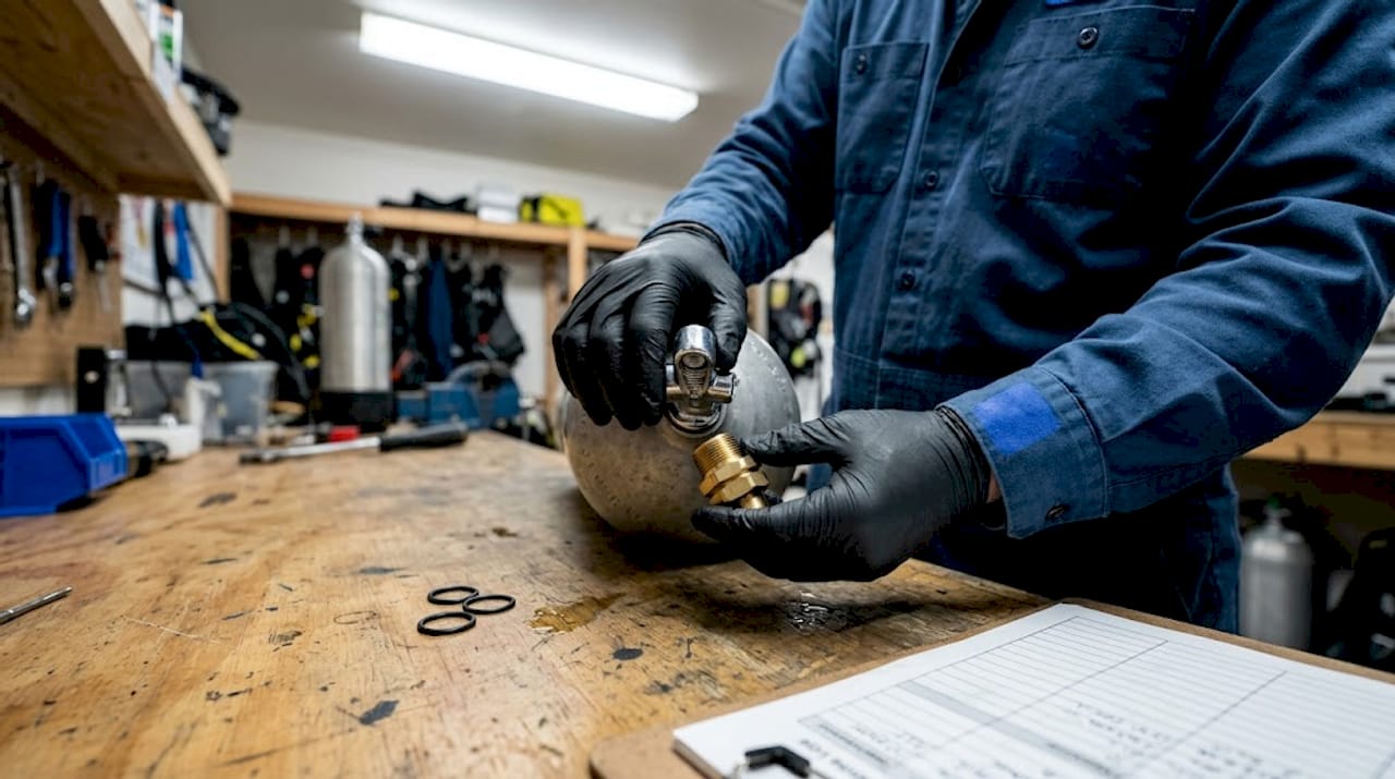 Technician inspecting scuba tank valve adaptor