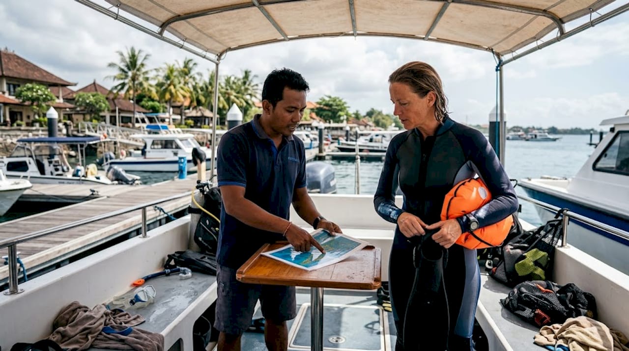 Diver prepping drift gear with guide
