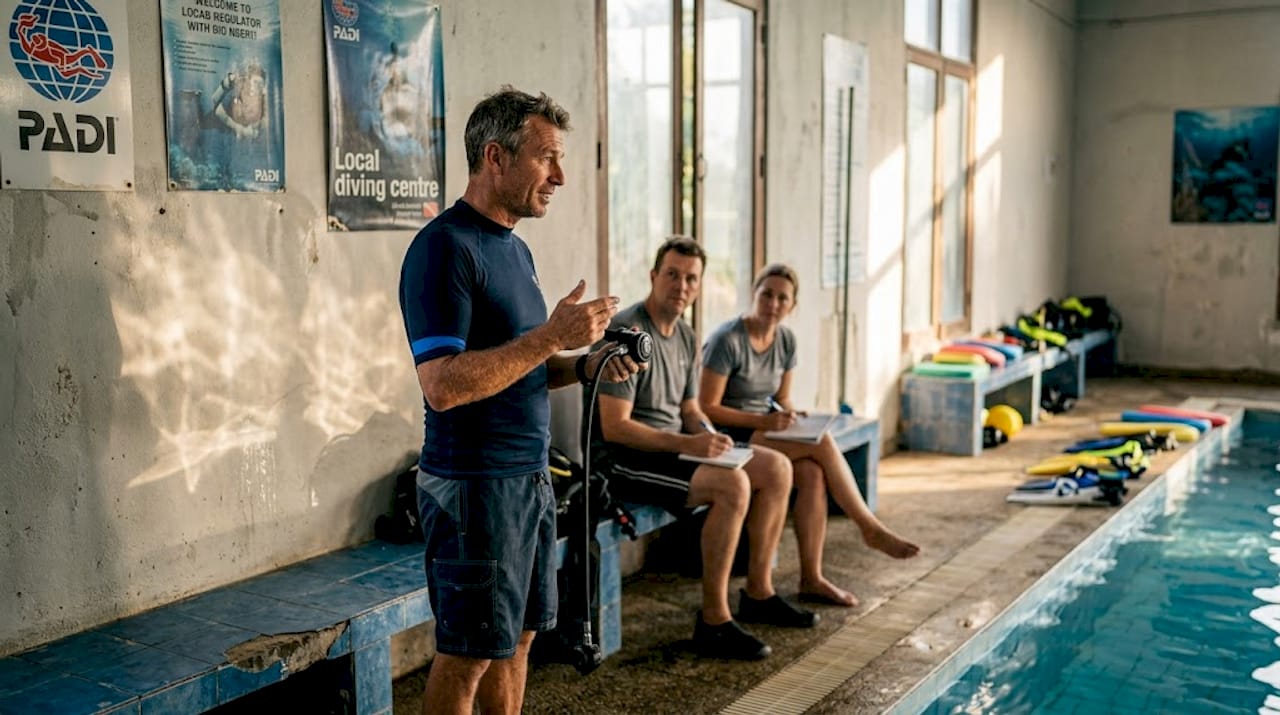 Instructor teaches dive students next to pool