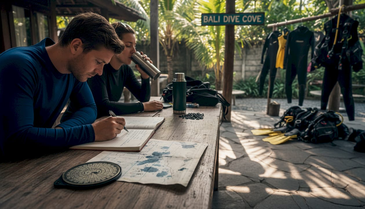 Divers planning at table with dive charts