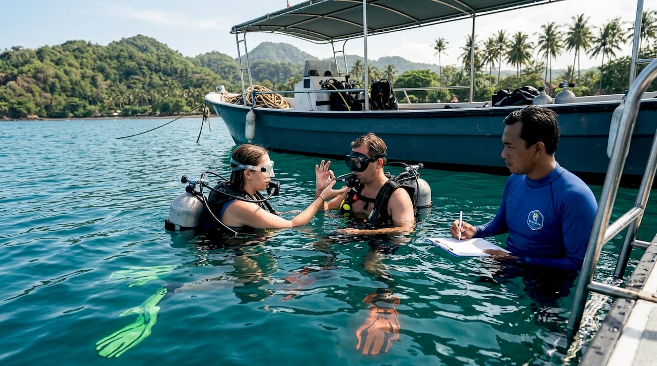 Divers practicing rescue skills in Bali waters