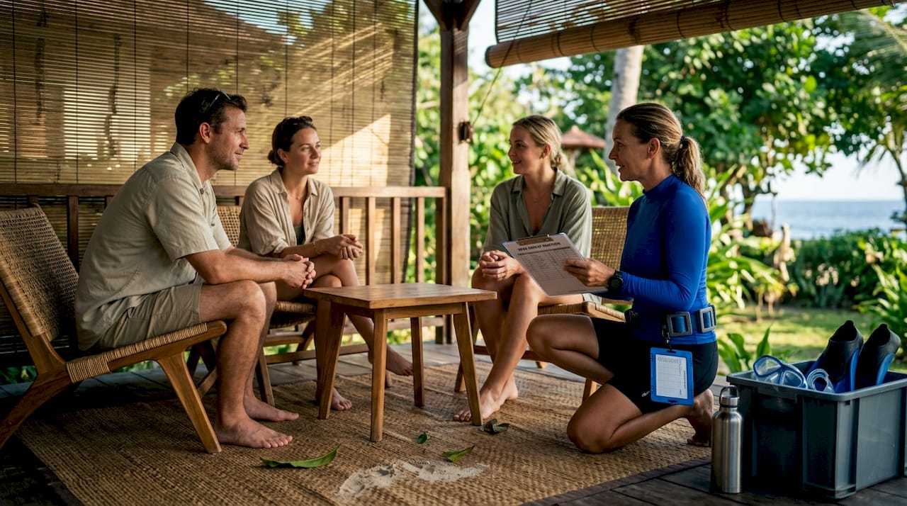 Dive guide prepping small group on patio