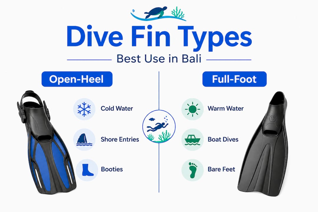 Infographic comparing open-heel and full-foot fins