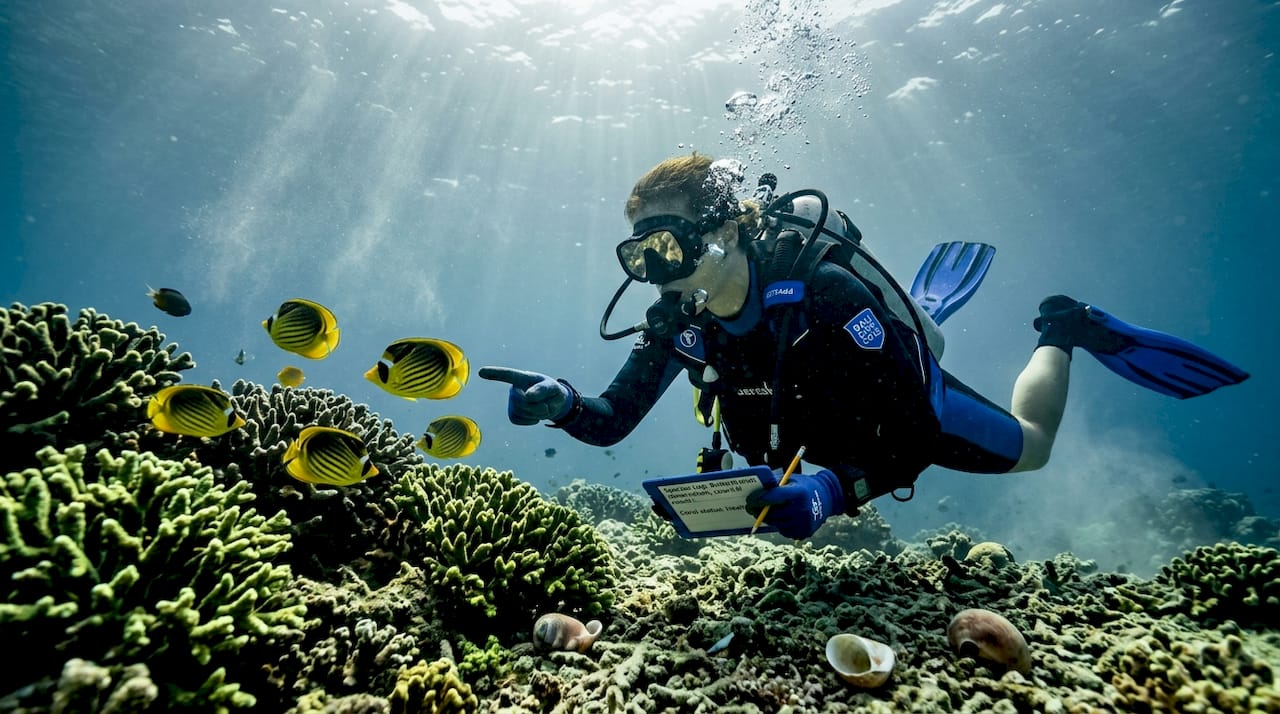 Diver observing reef fish silhouettes underwater