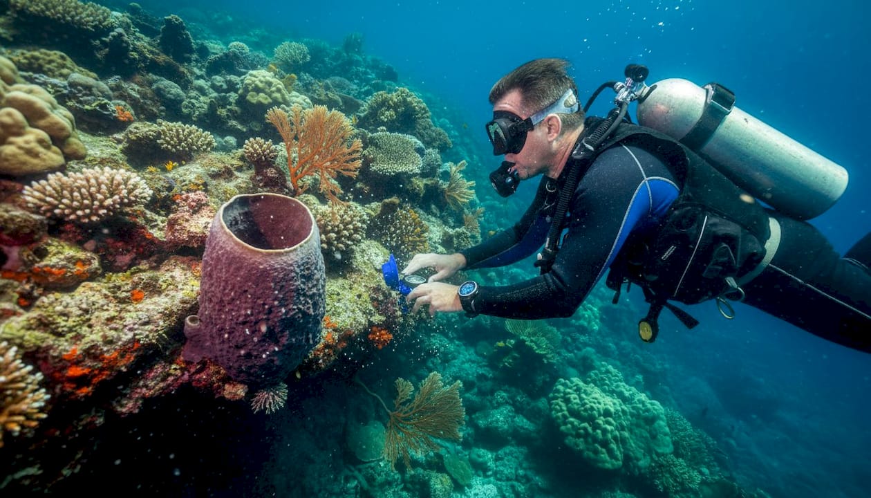 Diver uses compass navigating Bali reef