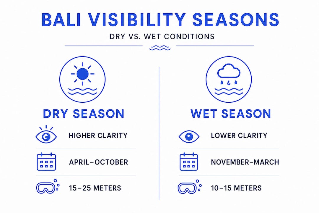 Infographic comparing Bali dry vs wet diving visibility