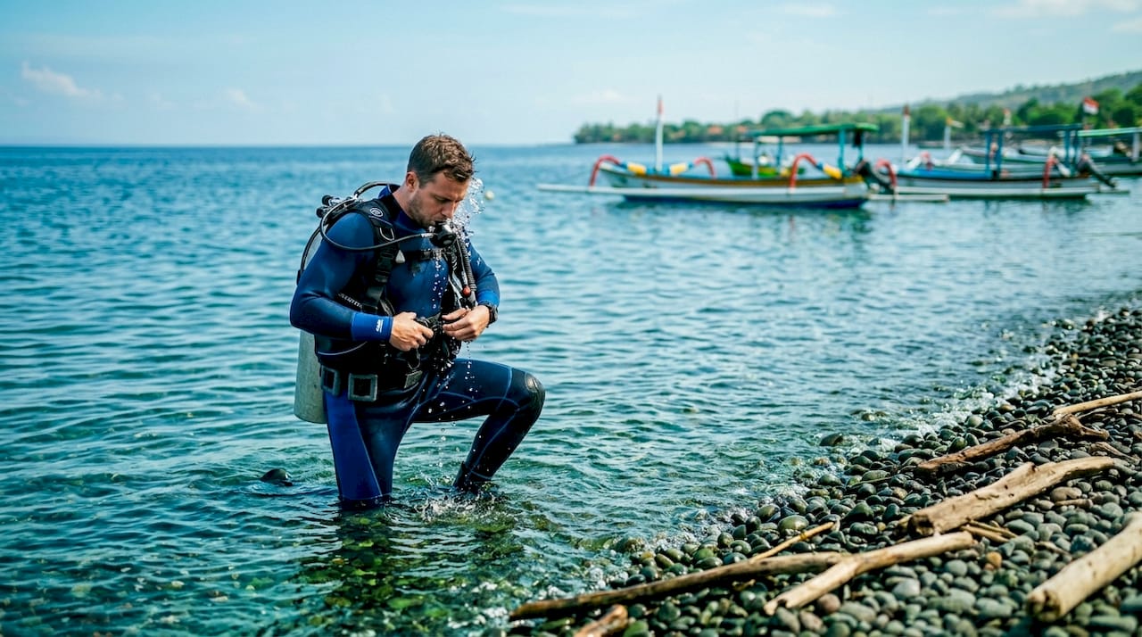 Diver buoyancy checking near Bali shore