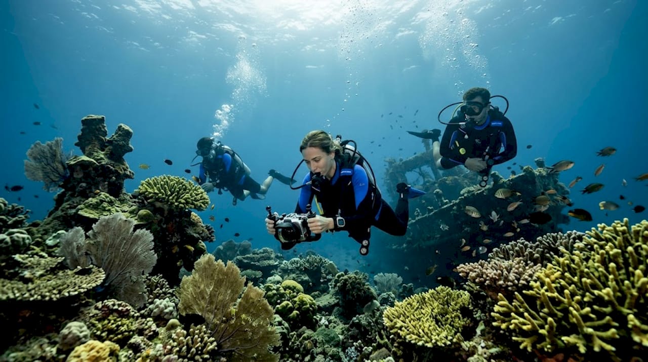 Divers photographing coral gardens underwater