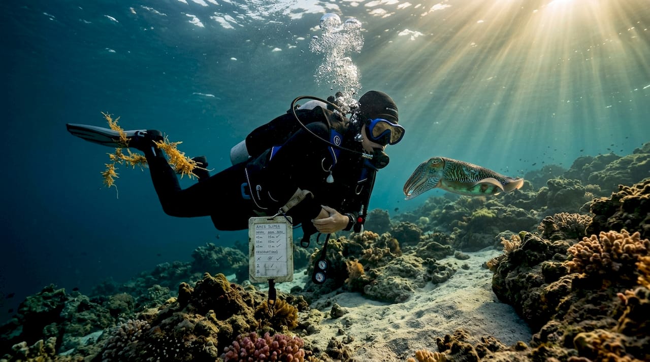 Diver floating calmly over Amed reef