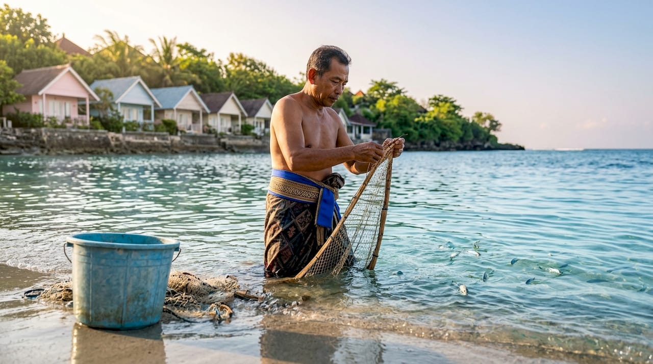 Fisherman at shoreline near coral reef