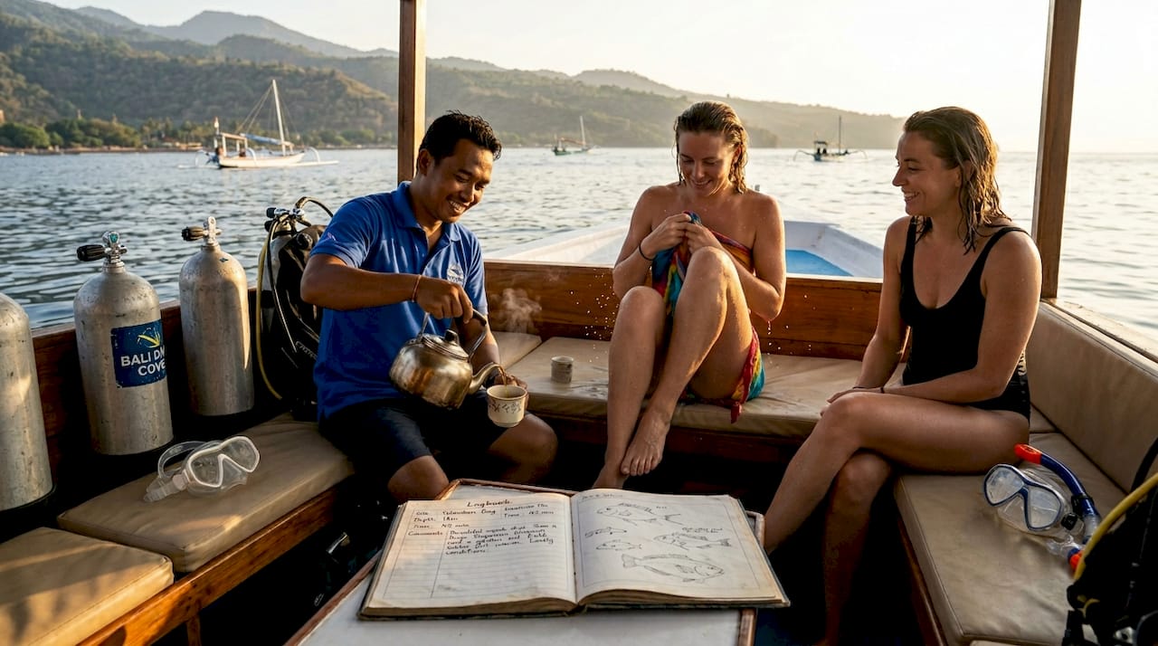 Divers and instructor relaxing after Bali dive