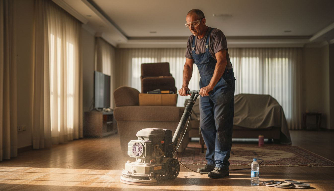 Man sanding wooden floor during restoration