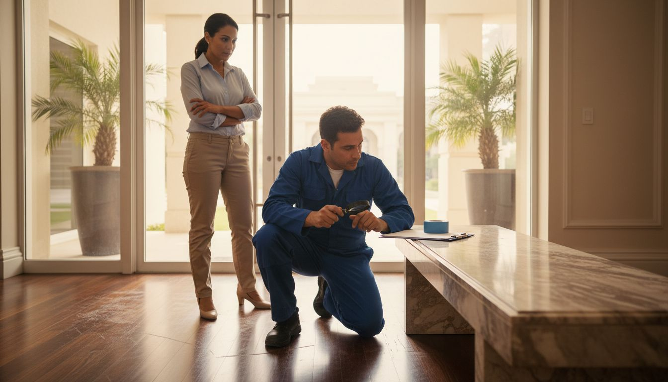 Professional inspects wood floor damage in villa