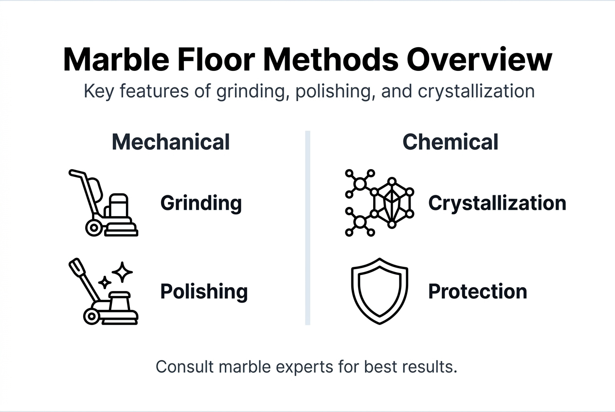 Infographic comparing marble grinding, polishing, crystallization