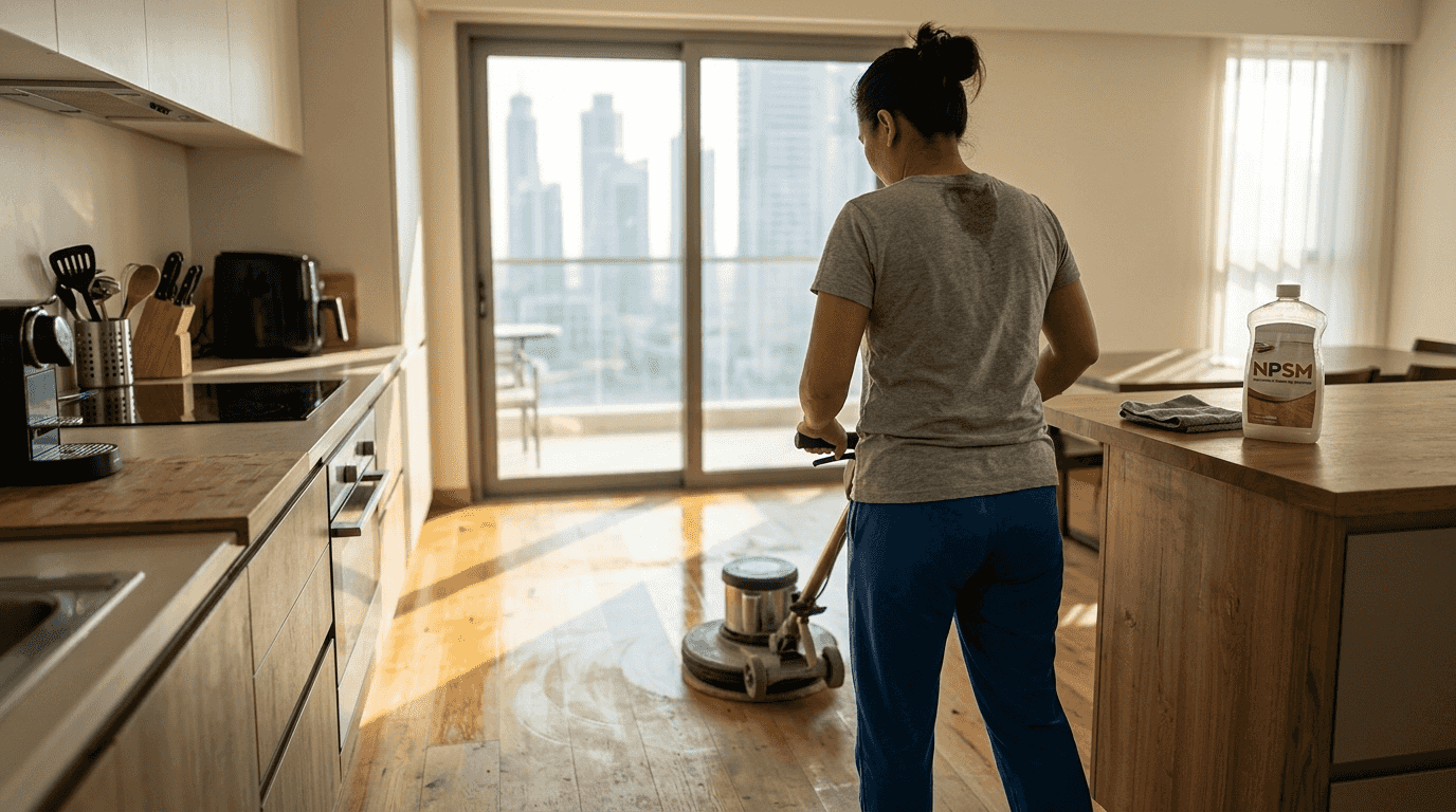 Woman polishing wooden floor in bright kitchen
