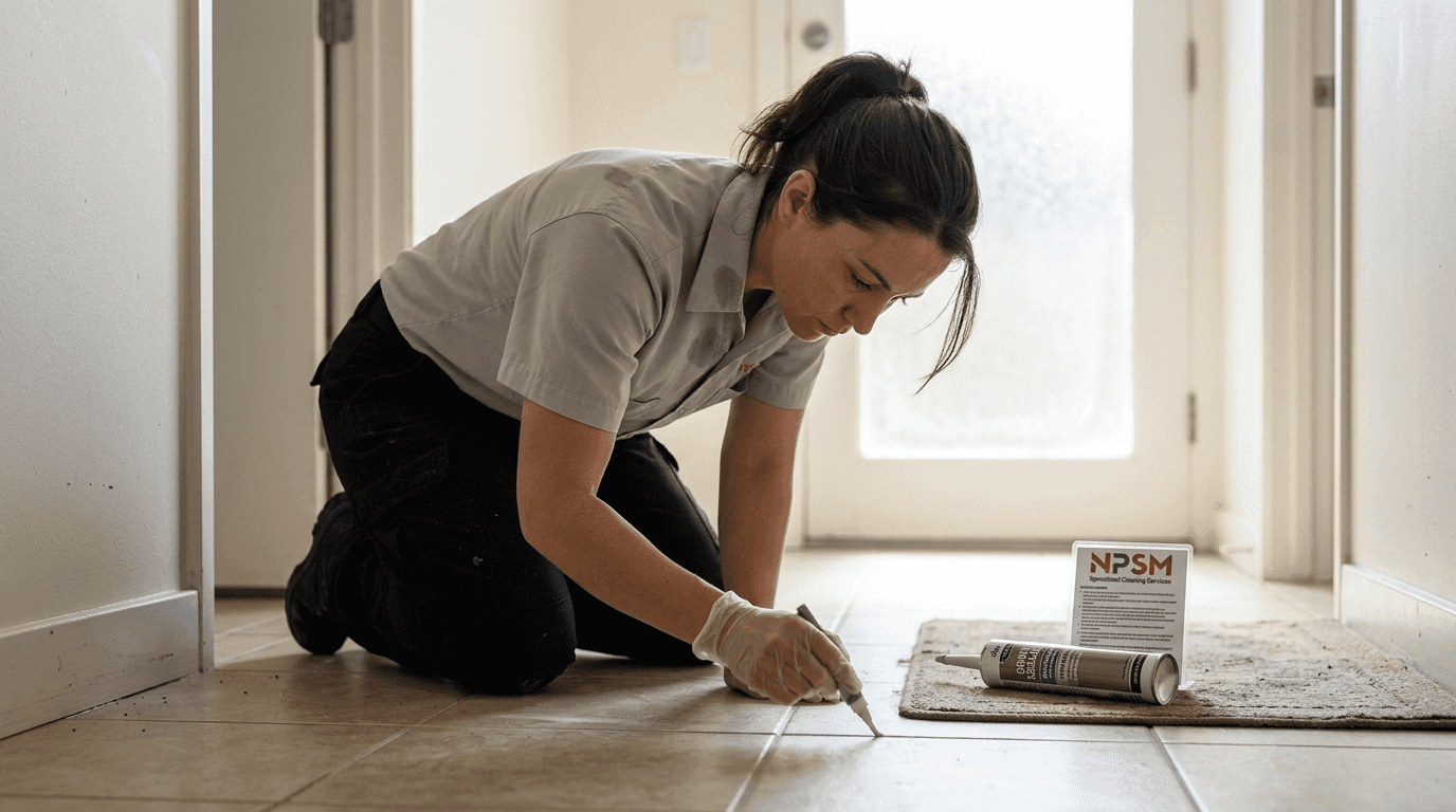 Professional applying grout sealer in home hallway