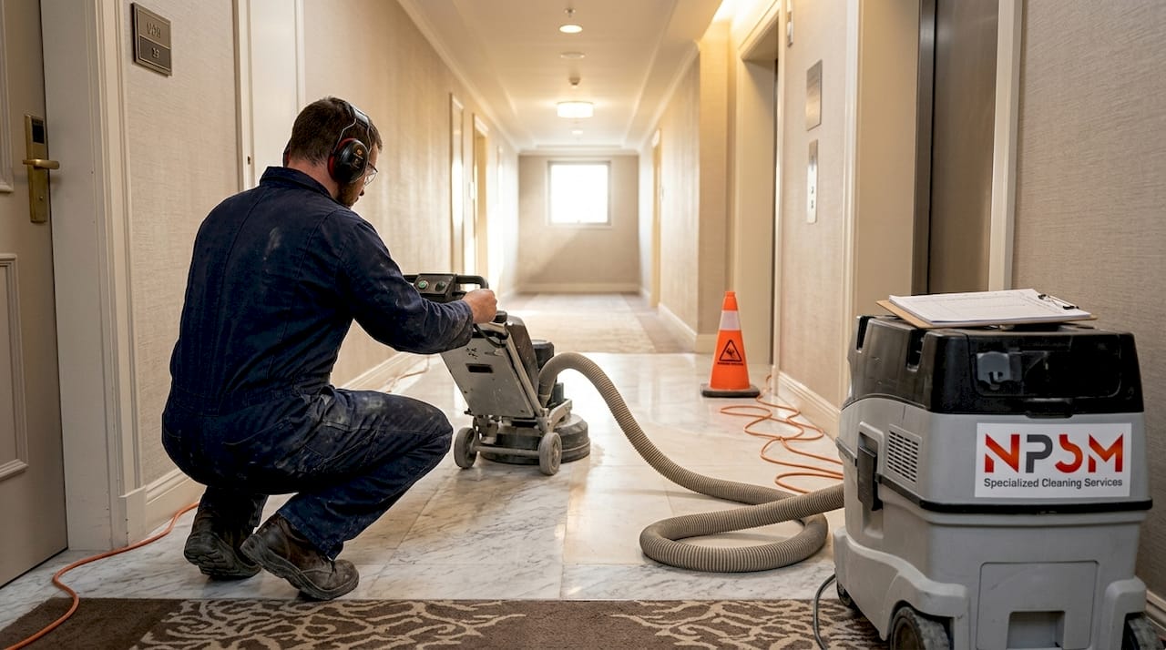 Technician using dustless floor cleaning machine