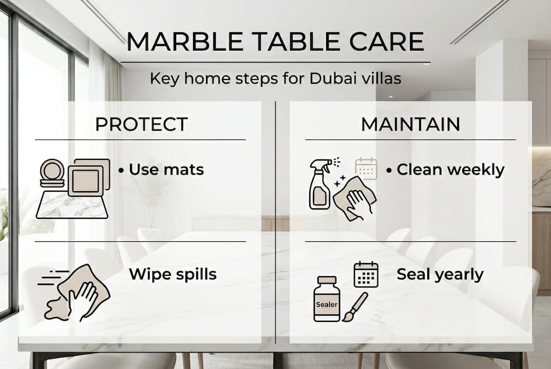 Infographic with marble table protection and maintenance tips
