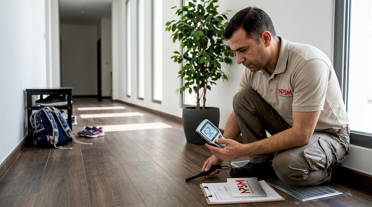 Technician checks humidity on wood floor Dubai