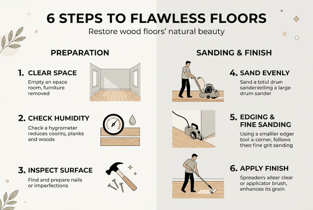 Infographic summarizing six floor sanding steps