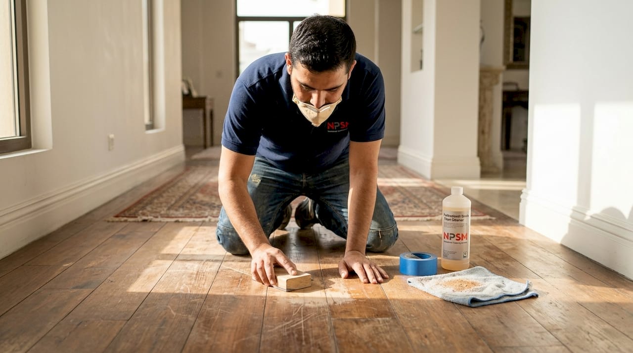 Technician sanding worn wooden villa floor